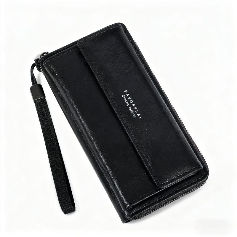 Classic Men's Faux Leather Coin Wallet Double Layer with Snap Closure Zippered Card Holder Large Capacity Long Wallet Clutch Bag