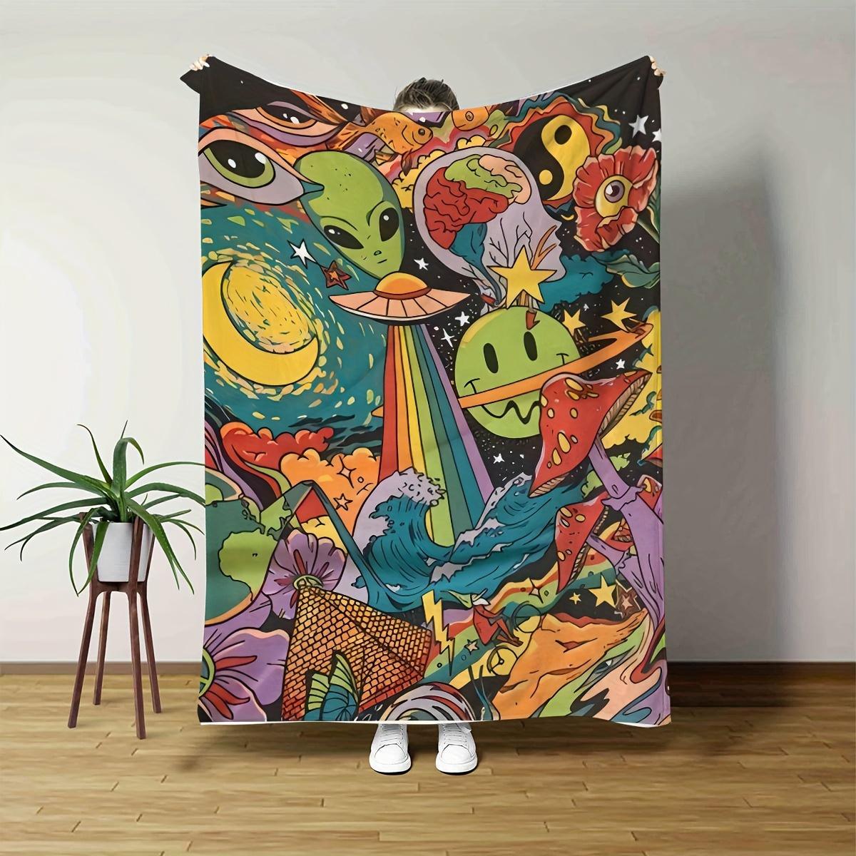 

Whimsical UFO & Space-Themed Flannel Blanket - Vibrant Digital Print, Soft & Cozy Throw for Office, School Nap, Outdoor Activities, and Trav 130*150cm
