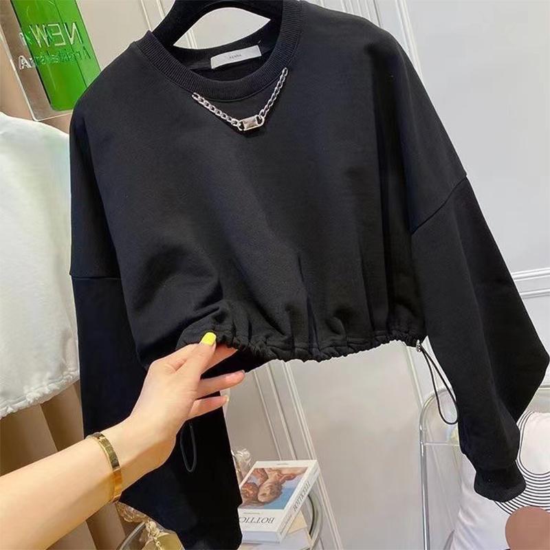 Sweatshirt Women's Short Thin Top Loose Drawstring Round Neck