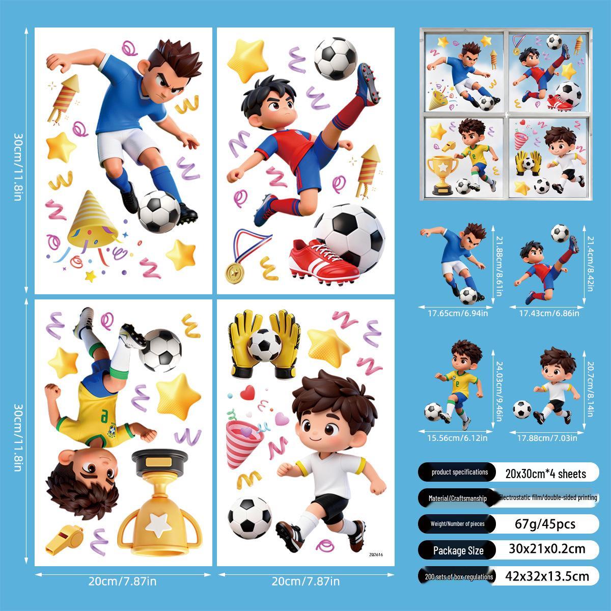 2026 North America World Cup Boys  Electrostatic Football Stickers - Removable Window Decorations 20cm x 30cm, 4 sheets (opp bag)