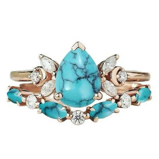 Bohemian Water Drop Couple Rings with Inlaid Diamond and Turquoise - Personalized Light Luxury Design