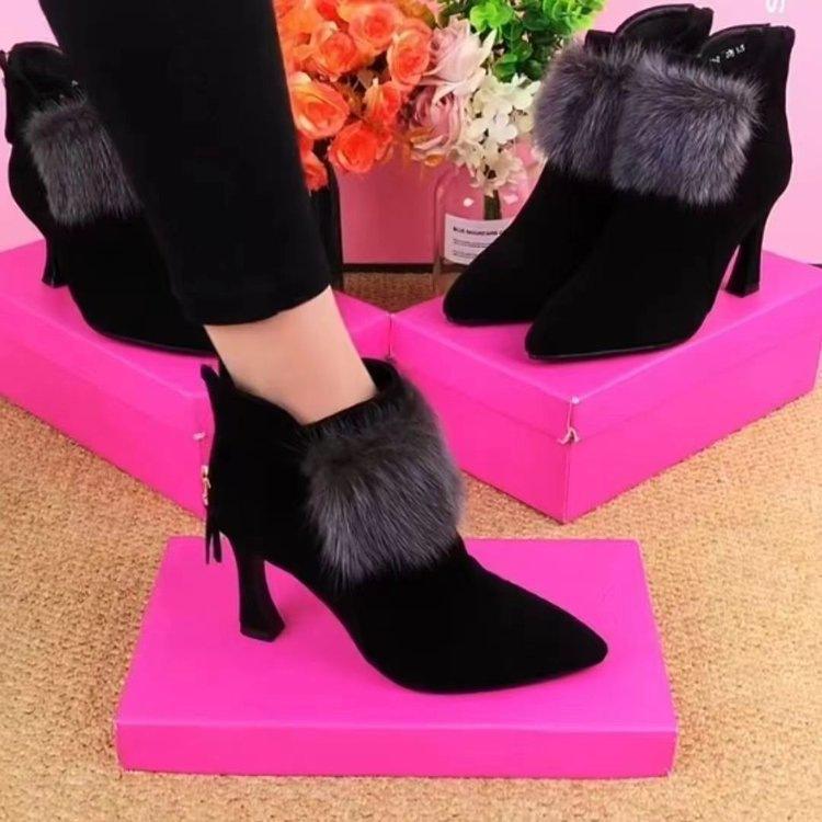 2025 New Autumn and Winter Shoes Stiletto High Heels Small Heel Back Zipper Pointed Short Boots Velvet Thermal Women's Shoes Cotton Boots