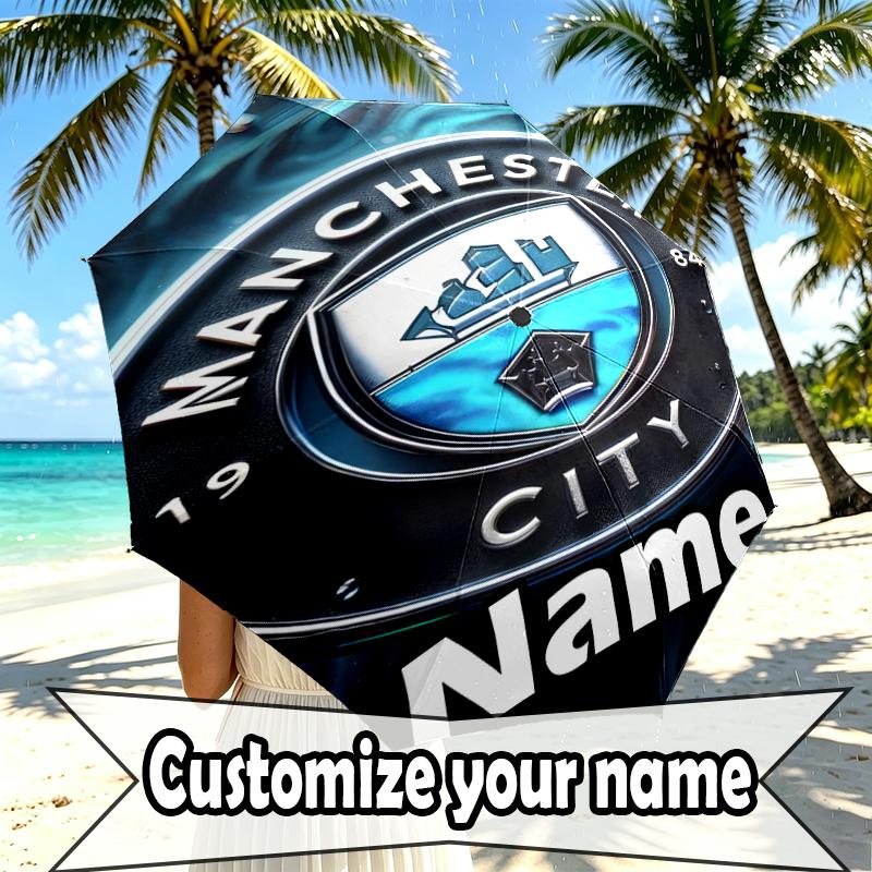 Custom Name Personalized Manchester City FC Print Umbrella, Auto Open Close, 8‑Rib Sturdy Frame, Commute Camping Hiking Use, Birthday Gift