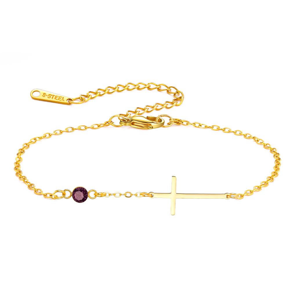 Trendy Jesus Cross Birthstone Charms Bracelet Stainless Steel 12 Birth Month Bracelets for Women Girls Jewelry Birthday Gifts
