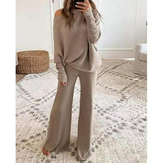 2026 Autumn/Winter Solid Batwing Sleeve Knit Two-Piece Set with Drawstring High-Waist Wide-Leg Pants
