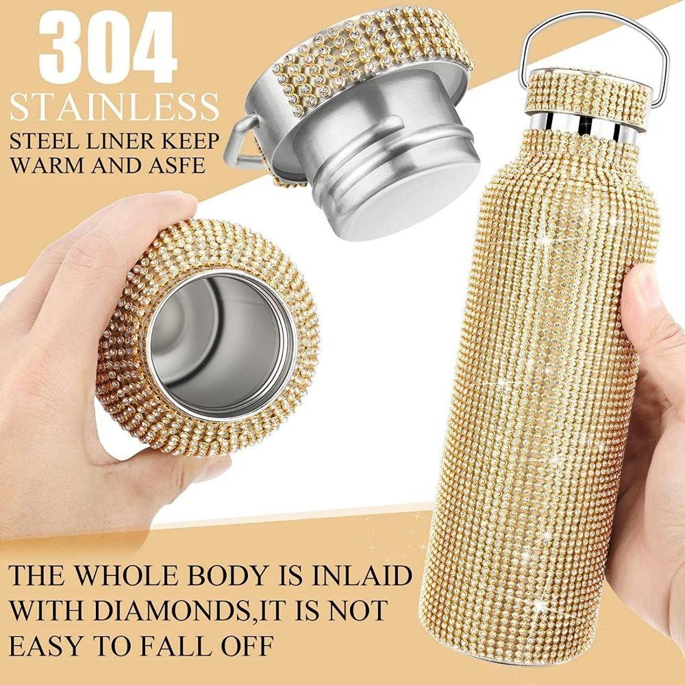 Thermal Rhinestone Water Bottle Stainless Steel Refillable Glitter Tumbler Removable Carrying Strap Chain Vacuum Flask Women