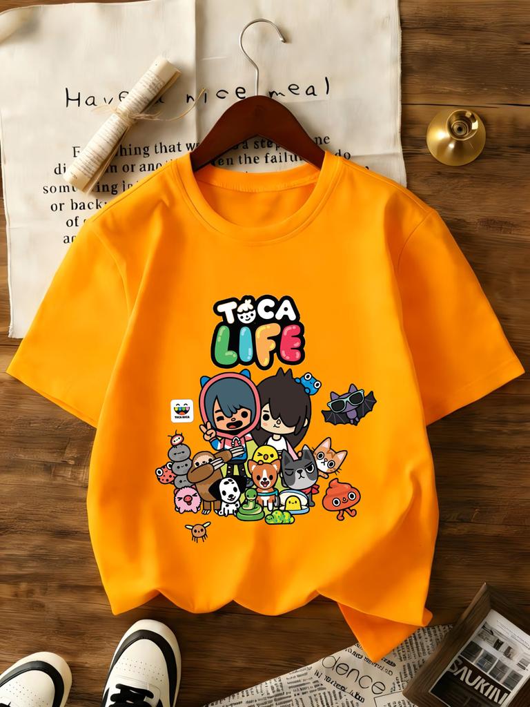 T-shirt Grafica Toca Life World per Bambine Bianca Rosa Manica Corta T-shirt Moda Top per Bambini Cotone Estate Casual Girocollo Maglietta