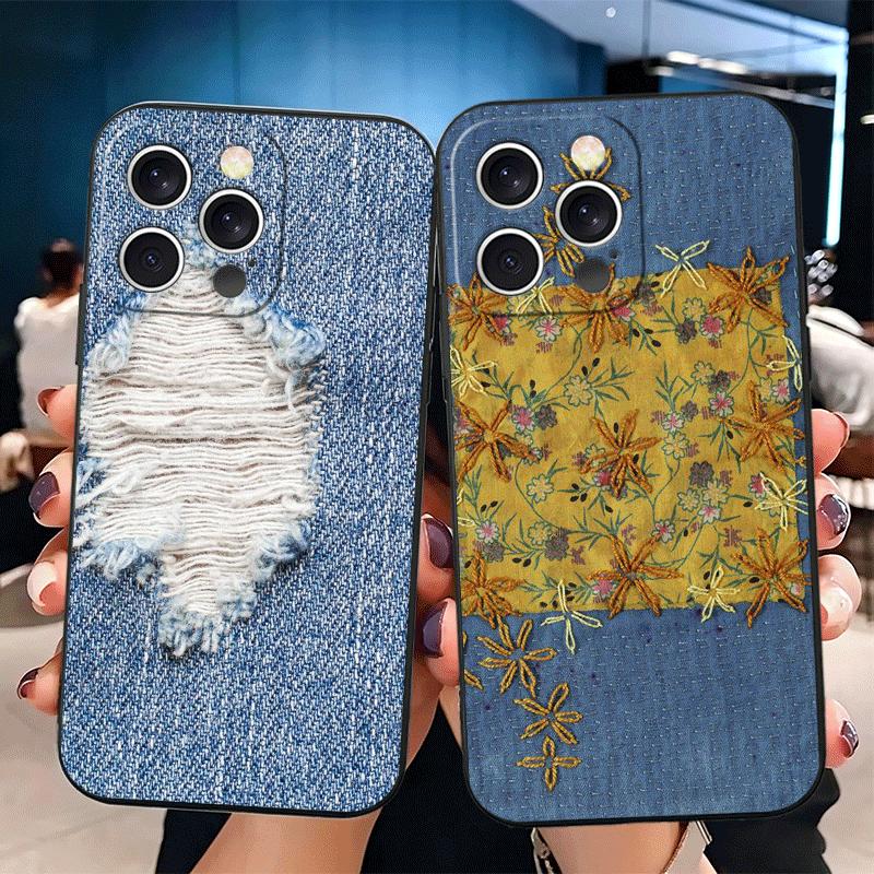 Retro Denim Pattern Soft Phone Case for iPhone 16 16E 17 Air 15 Pro Max 14 Plus 13 Mini 11 12 7 Black Cover Back Shell