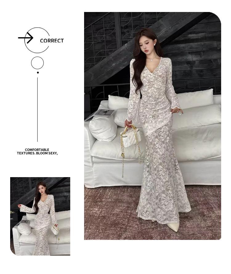 Lace Splice Deep V-Neck Mermaid Long Dress