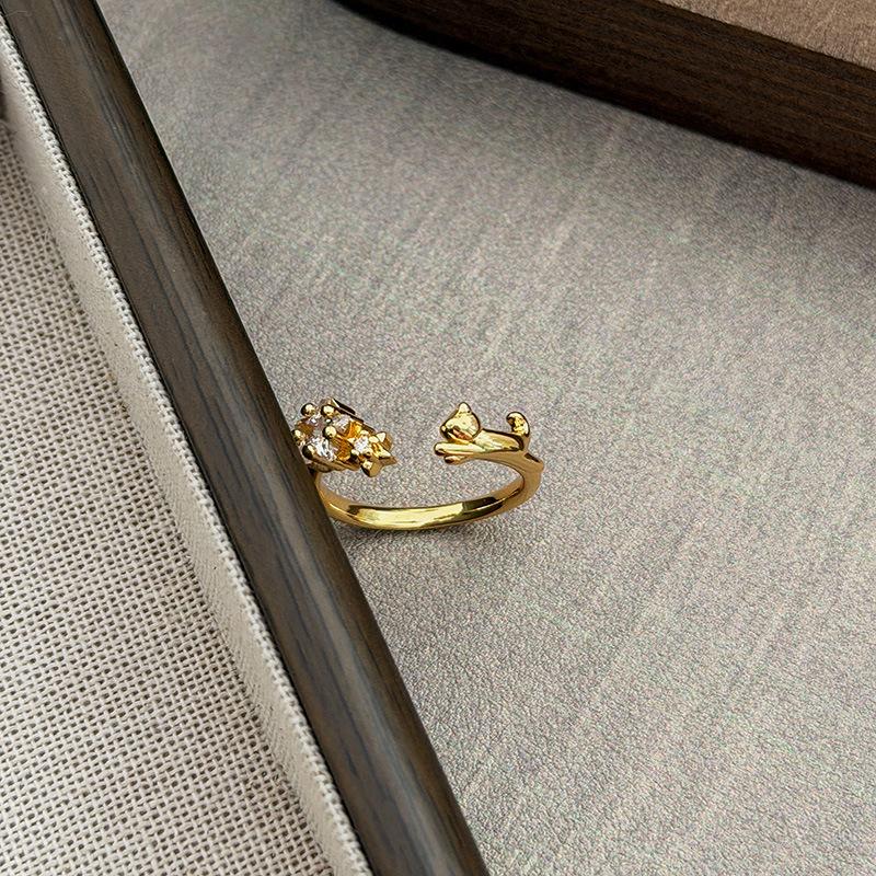 Medieval Light Luxury Diamond-Encrusted Zircon Cat Weave Pattern Hollowed Out Full Diamond Opening Ring Niche Stacked High-End Ring