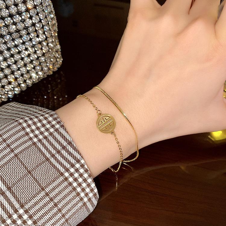 Retro Double Layer Racquet Fu Hang Tag Bracelet for Women's Instagram, Small and Luxury Design, Exquisite and Simple Personalized Handicraft