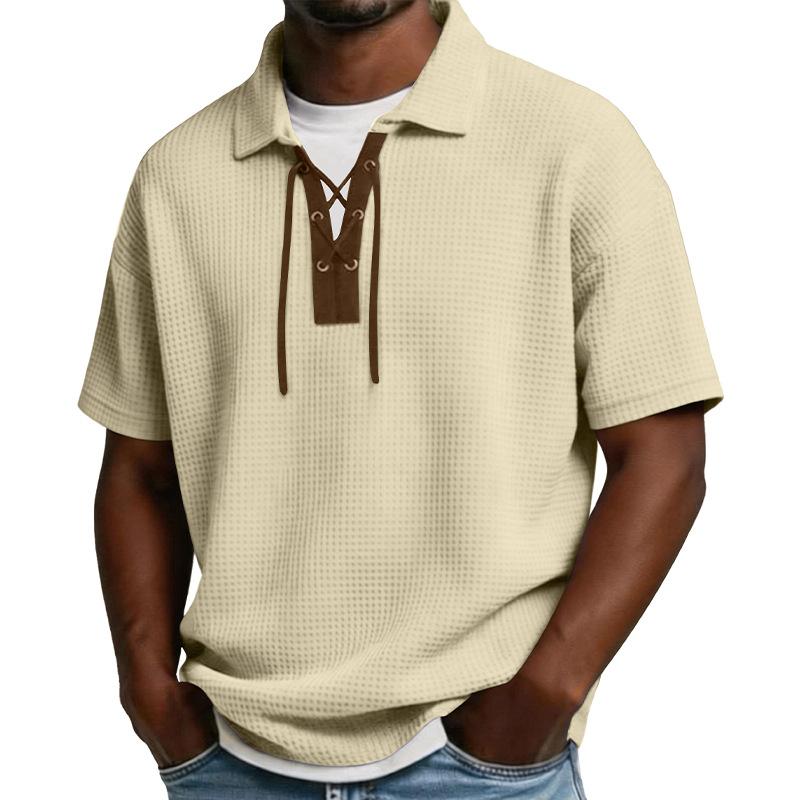 

Men Casual Waffle Knit Polo Shirt Lace-Up Neck Short Sleeve Loose Fit Solid Color Streetwear Tops 3XL