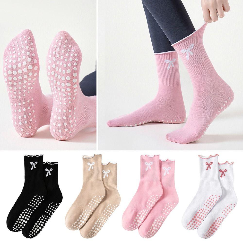 Baumwoll Pilates Socken Rutschfeste Griffigkeit Mittellange Socken Schleife Yoga Socken für Damen