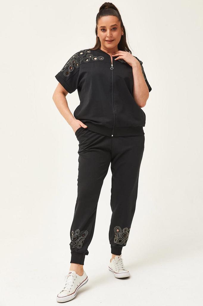 Women's Fashion Big Size Tracksuit Set Large Size Transparent Cut Stone Printed Summer Short Sleeve Green Tracksuit Set