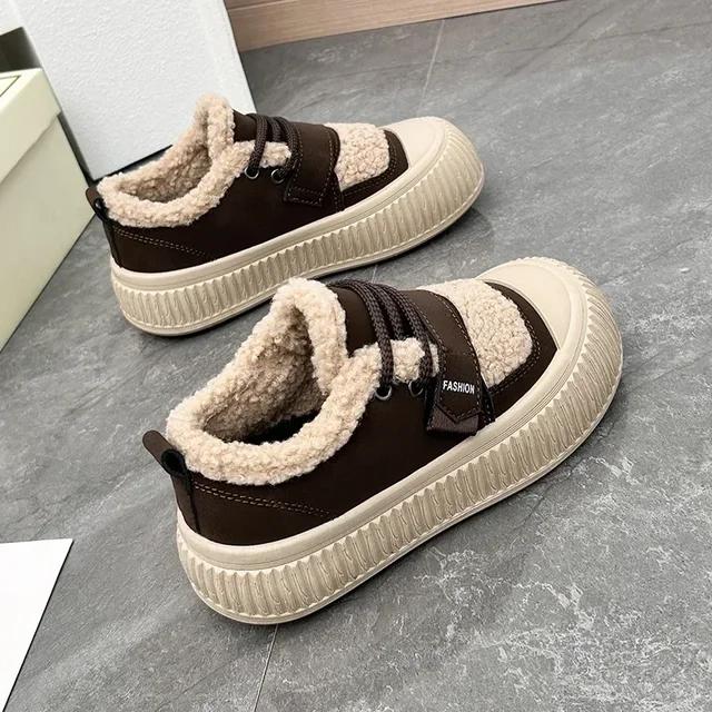 Fashion New Winter Warm Cotton Shoes for Women with Plush Lace Up Casual Sports Shoes, Fashionable Thick Soled Lightweight Cotton Shoes