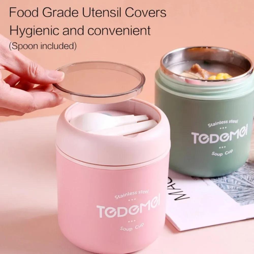 530ml Stainless Steel Insulated Soup Mug with Lid and Spoon Portable Travel Breakfast Container Outdoor Kitchen Utensils