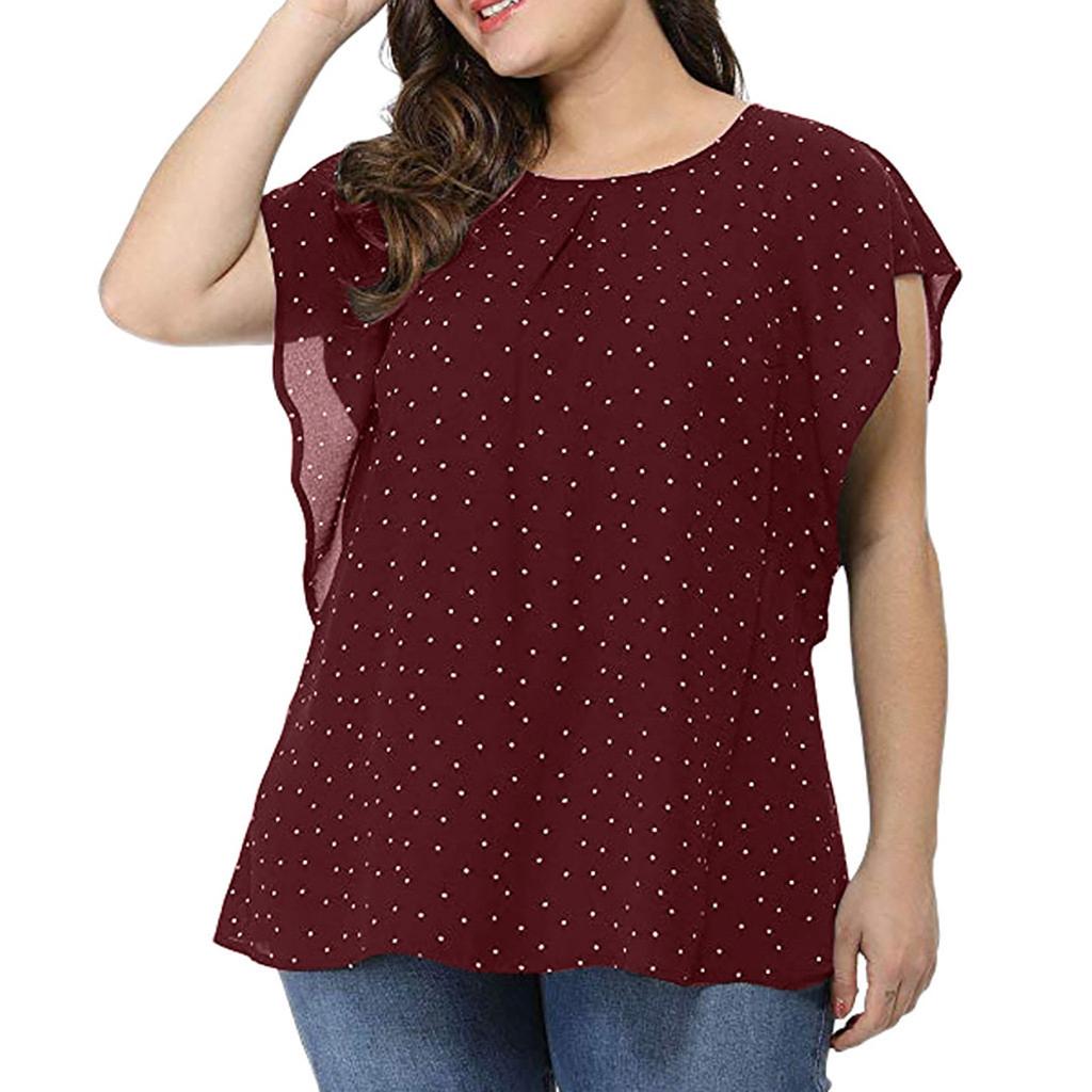 Fashion Women Plus Size Round Neck Polka Dot T-shirt Casual Pullover Tops