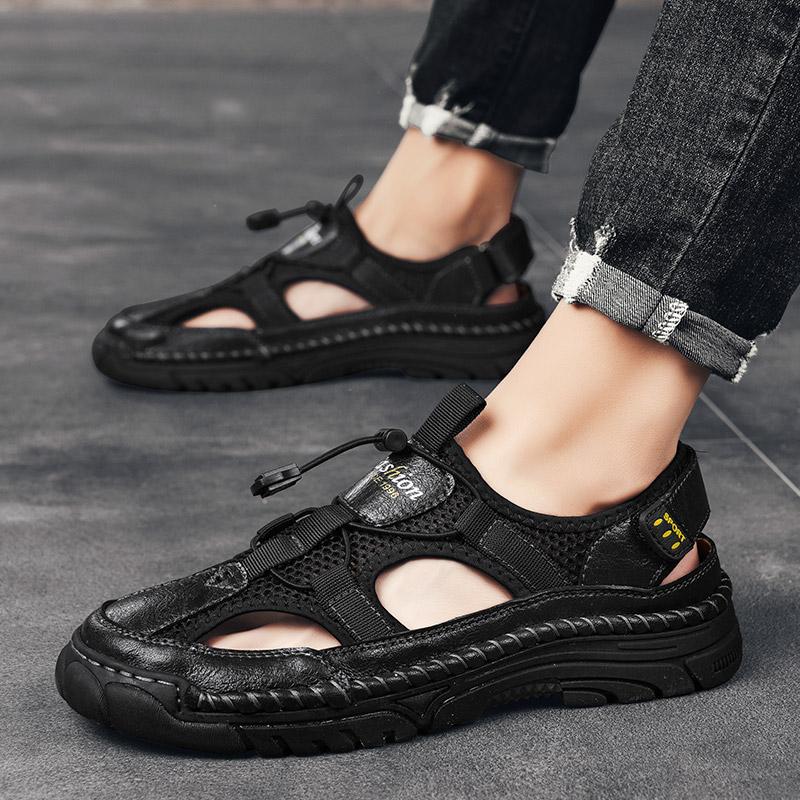 Fashion Handmade Size 46 Mesh Shoes Breathable Sandals Summer Men Sandals Genuine Leather Mens Casual Shoes Outdoor Beach Shoes Roman