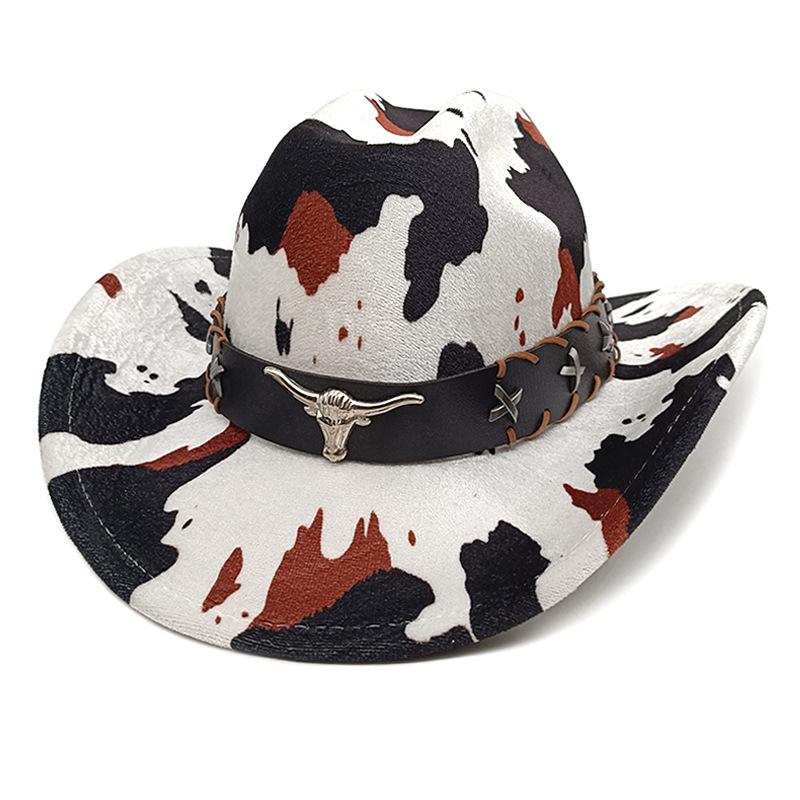 Cow Print Western Cowgirl Hat for Women and Men Fashion Wide Brim Sun Protection Felt Dress Hats with Band Panama Jazz Caps
