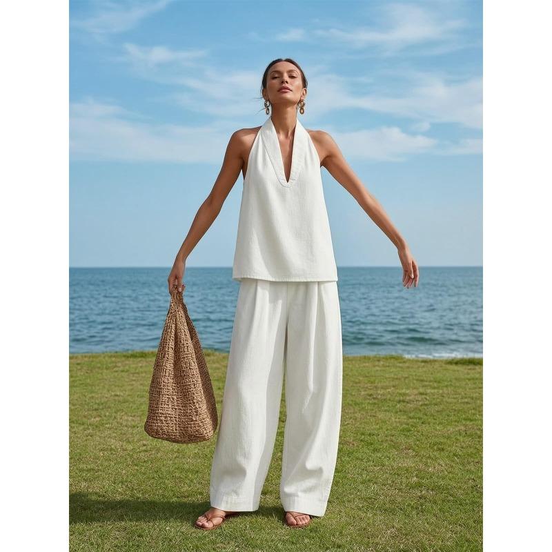 Women's Sleeveless V Neck Wide Leg Jumpsuit Loose Casual One Piece Summer Outfit
