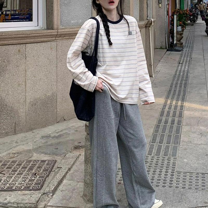 Fashionable Striped O-Neck Pullovers Autumn Korean Basic Loose Female Patch Casual Long Sleeve T-shirts