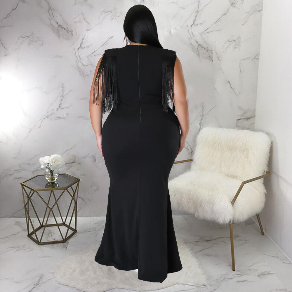 Plus Size Fringe V Neck Maxi Dress Long Sleeve Mermaid Gown Curvy Bodycon Fishtail Long Dress Sexy Tassel Shoulder Evening Party Formal Wedding Gown