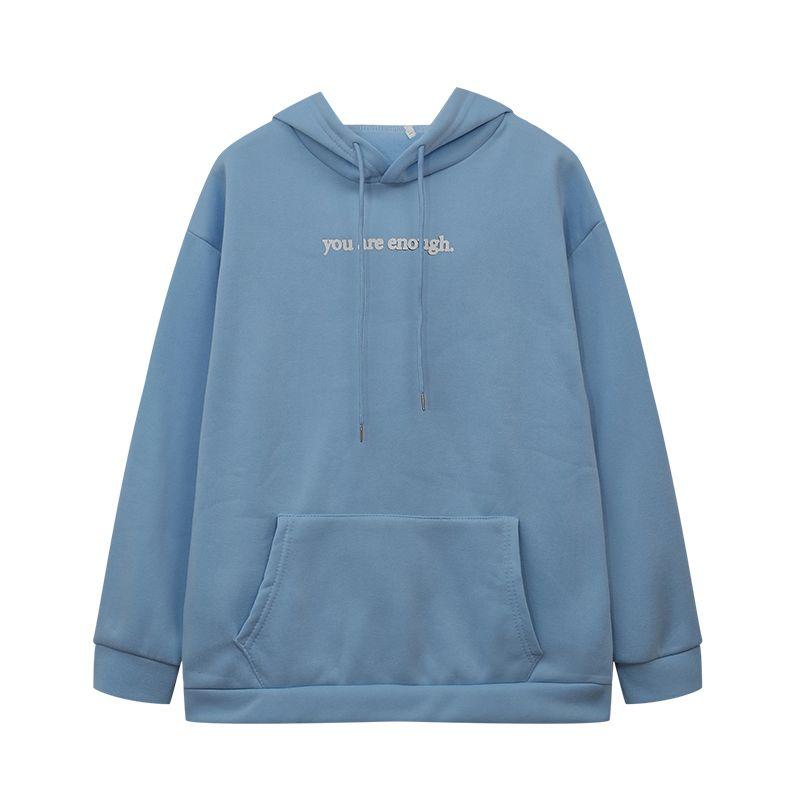 

Fashion Style Autumn and Winter Women s Brushed Hoody Plain Letters Print Kangaroo Pocket Drawstring Print Hoodie Sky Blue S