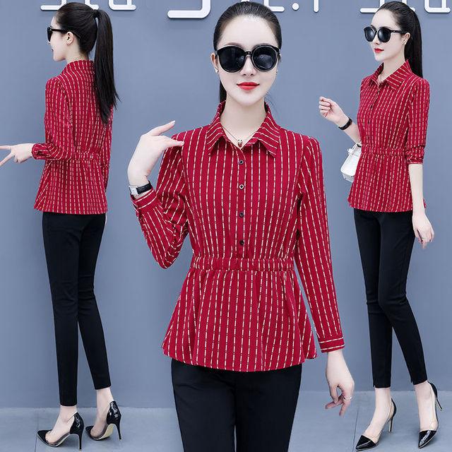 

Весенне-осенняя новая женская полосатая рубашка, свободная блузка с длинными рукавами, универсальный эластичный топ с тонкой талией XXL красный