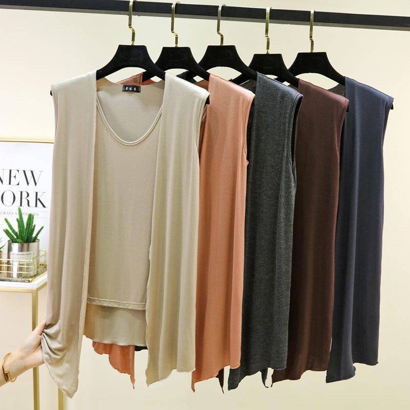 M to 6XL Plu size Women's Faux 2 Piece Tank Top with Cardigan Layered Look Open Front Sleeveless Vest Summer Modal Slim Fit Streetwear Camisole