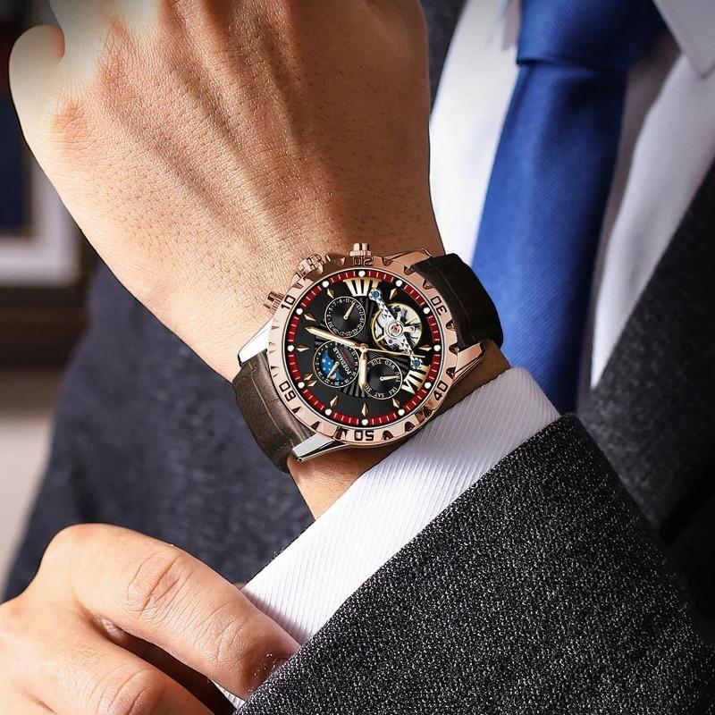 POEDAGAR Luxury Automatic Wristwatch Waterproof Luminous Date Week Leather Men Watch Tourbillon Mechanical Fashion Watches