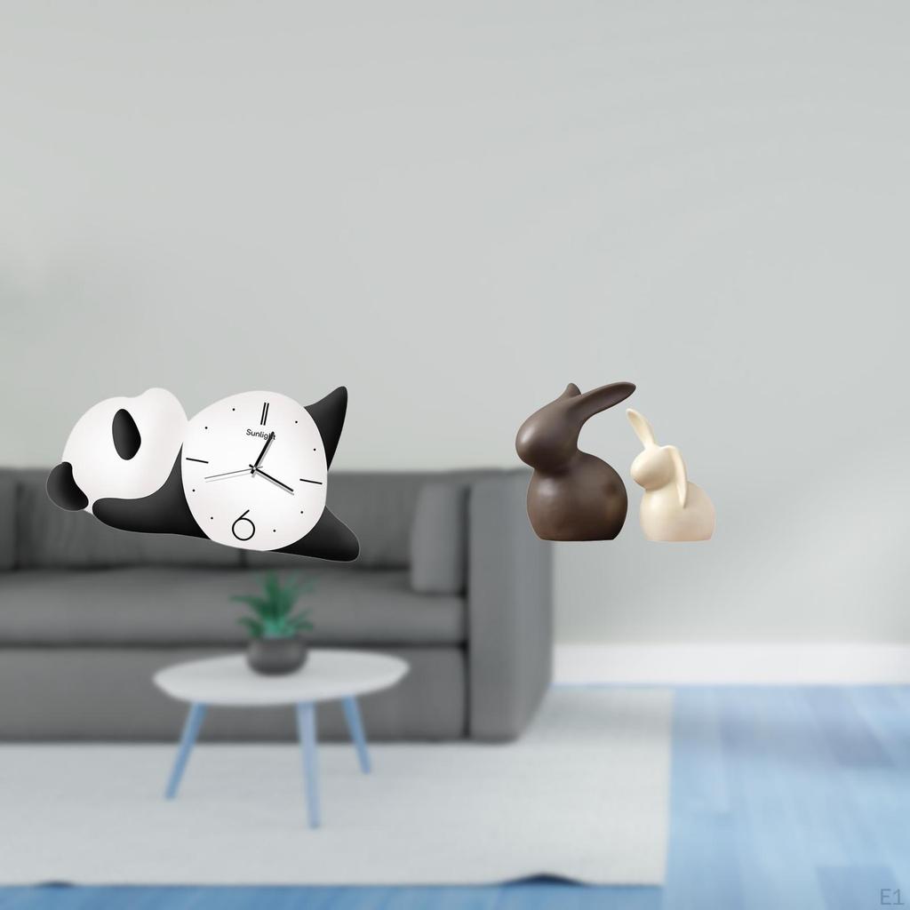 Modern Cute Panda Wall Clock And Ceramic Bunny Statue Set Practical Sturdy Home Decor for Living