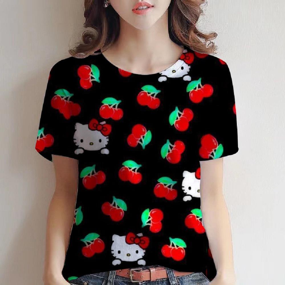 Sommer Neues Damen Kurzarm-T-Shirt Anime KT Katze Druck 3D Digitaldruck T-Shirt Kurzarm Freizeitshirt EMA