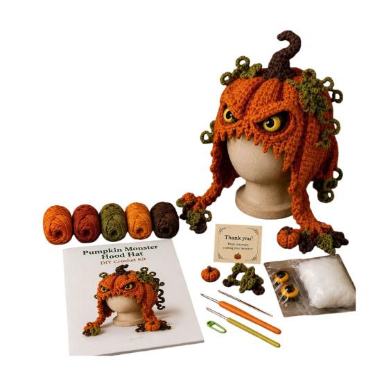 Crochet Starter Kit Fantasy Hood Kit, Cute Animal Hat DIY Dragon Unicorn Creative Gift for Crafters Skull Earflap Craft Adults, Handmade Halloween