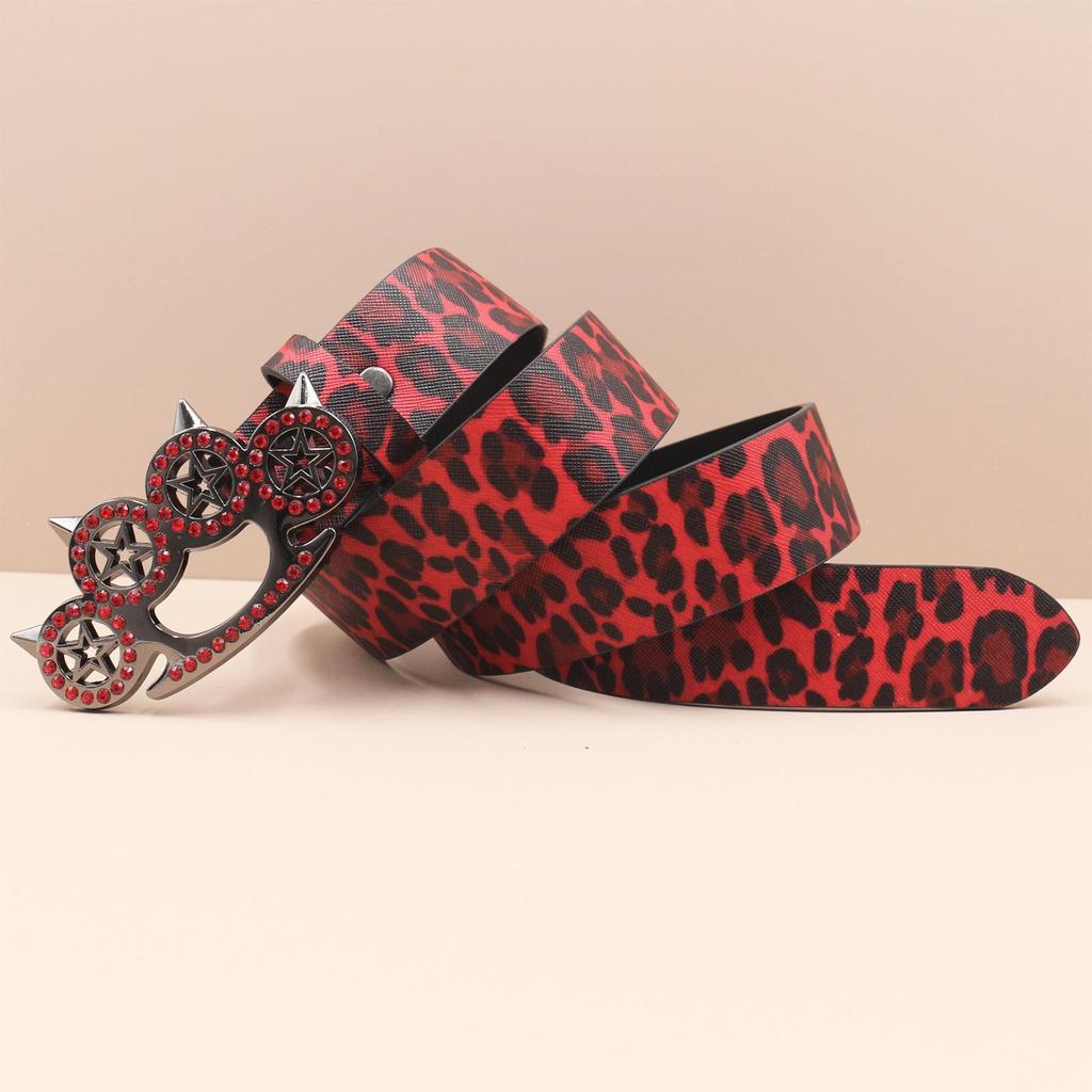 Y2K Leopard Print Rhinestone Tiger Claw Punk Women's Leather Belt