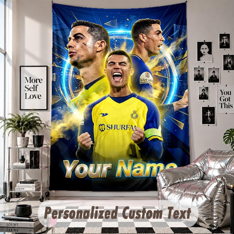 Wall Hanging Tapestry With Custom Name & Text, Cristiano Ronaldo Decorative Tapestry For Bedroom
