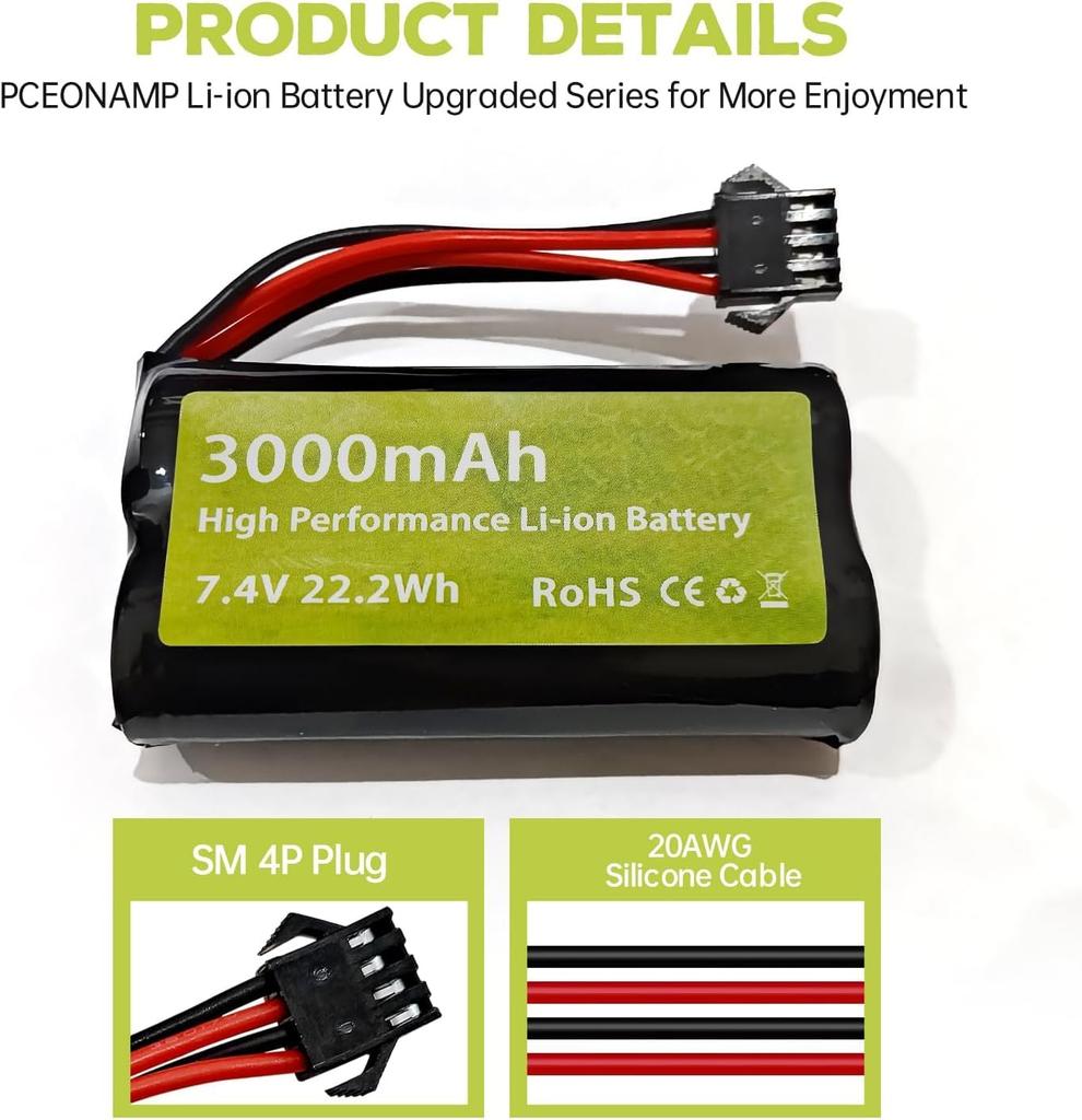 2PCS 7.4V 3000mAh 15C 2S SM-4P Plug Li-ion Battery with USB Charging Cable Compatible with EC08 and DE85 Remote Control Cars, Trucks, Boats, Drones,