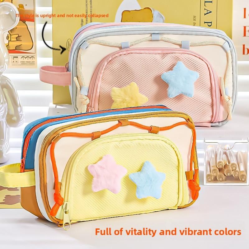 Style Color Block Large Capacity Pen Bag With Multiple Layers And Star Decor For Students And Office