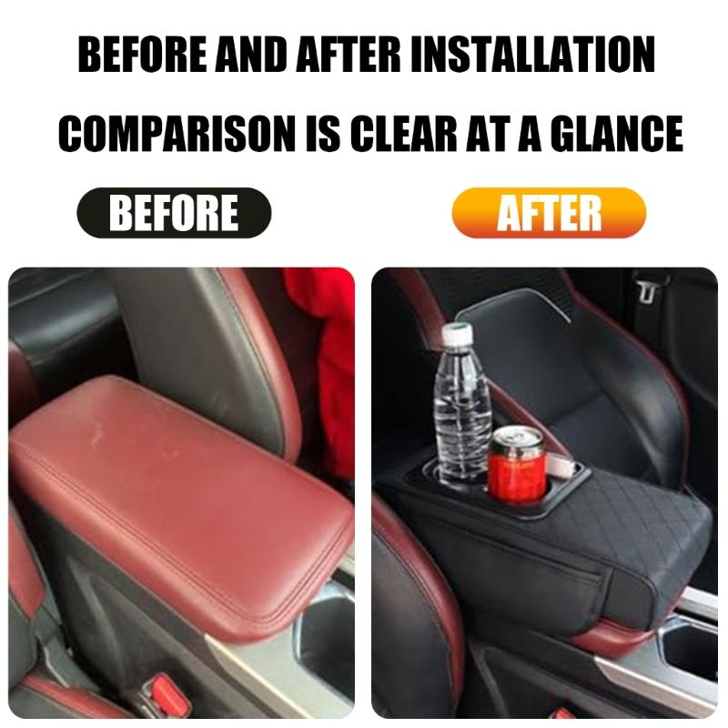 Upgrades Leather Auto Armrest Cover with Built In Drink Holder & Smartphone Stand Vehicle Console Lid for Long Trip