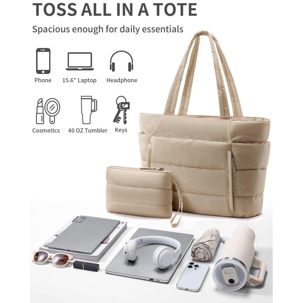 Large Capacity Puffer Tote Bag for Women with Coin Purse Water-resistant Puffy Handbag Casual Multiple Pockets Commuting Bags