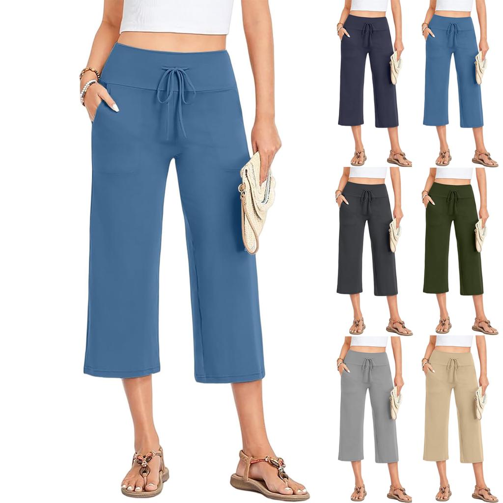 Women Summer Casual Drawstring Waist Wide Leg Cropped Pants with Pockets Lightweight Loose Fit Lounge Capri Trousers for Yoga and Everyday Wear
