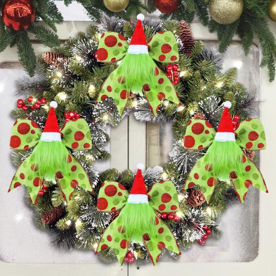 12 Pcs Red Green Dot Christmas Bow Rustic Burlap Bow with Green Furry Hair And Santa Hat for Xmas DIY Crafts Party Decoration