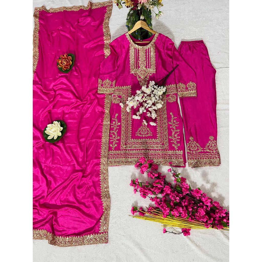 5 Different Coloured Embroidered Attractive Party Wear Chinon Silk Fabric Kurti Pair Has a Regular-fit To Customer