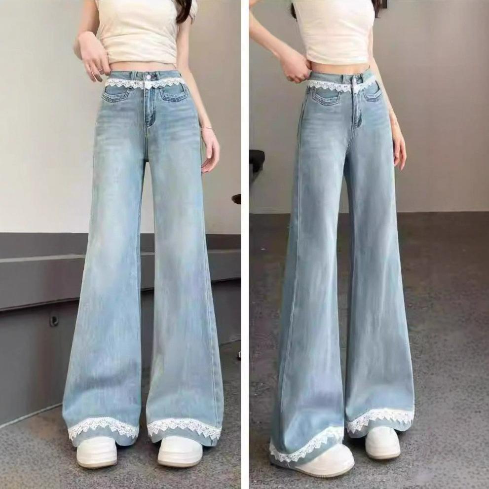 Shallow Lace Floral Lace Jeans Women Spring Large Size Apparently Skinny High Waisted Loose Micro Flared Trousers Jeans for Women Long Denim Pants