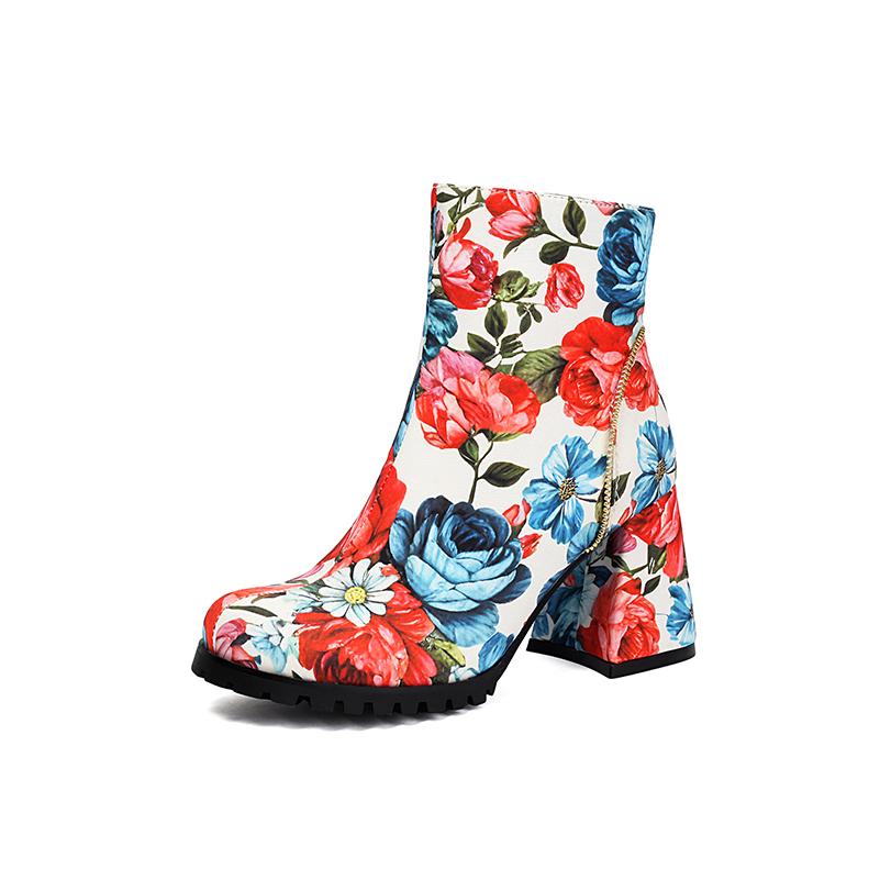 

Plus Size Printed Short Boots With Thick Heels Side Zipper Breathable Stitching Sweet And Cute Women s Ankle Boots 34