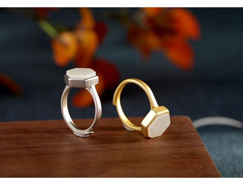 Geometrischer Mattierter Zirkon & Imitation Hetian Jade Offener Ring