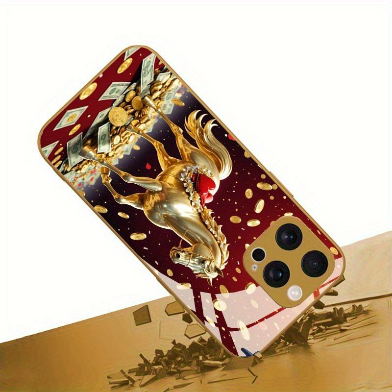 Golden Horse Coins Pattern Gold Metallic Paint Glass Phone Case For iPhone 17 Pro Max 11 12 13 14 15 16 Plus 17 Air 16E Cover