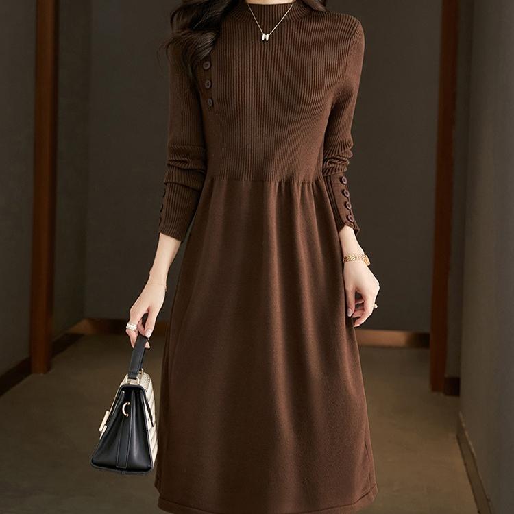Taillenbetonendes Strickkleid für Damen Einfarbig Lässig Midilang Pullover A-Linien-Pulloverkleid für Herbst und Winter