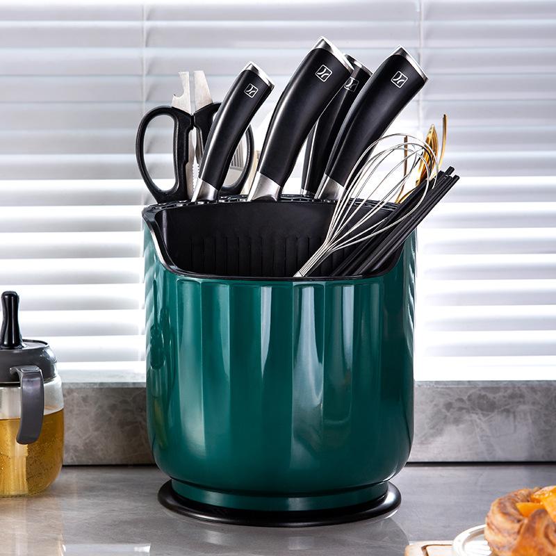 Rotating Kitchen Organizer with Drainage - 360° Spinning Utensil Holder for Knives, Forks & Chopsticks, Durable PP Material
