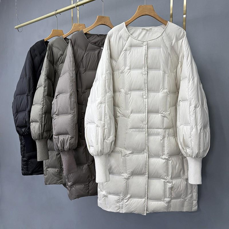 Womens Oversized Mid-Length Down Jacket Loose Fit White Duck Puffer Coat With Zippered Pockets