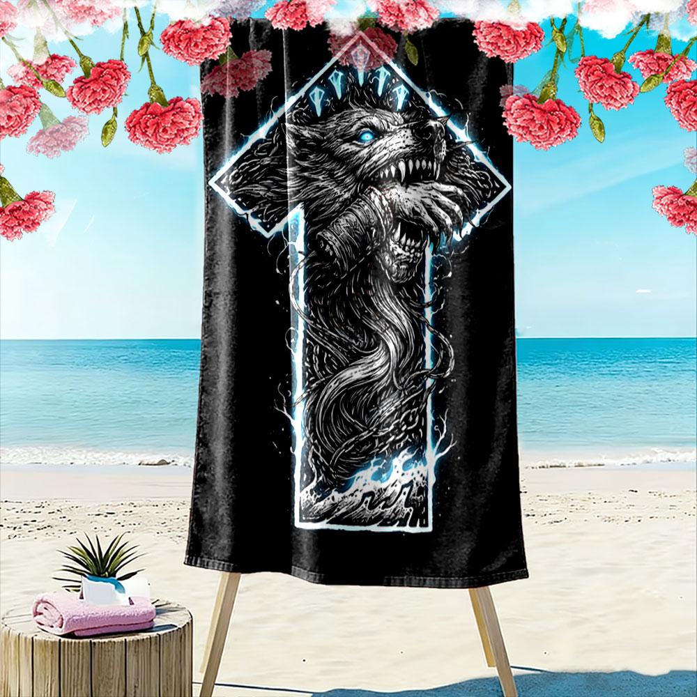 Ferocious Wolf Storm Roar Print Beach Towel, Quick Drying, Suitable for Travel, Outdoor Sports, Jogging, the Beach and Swimming, Gift